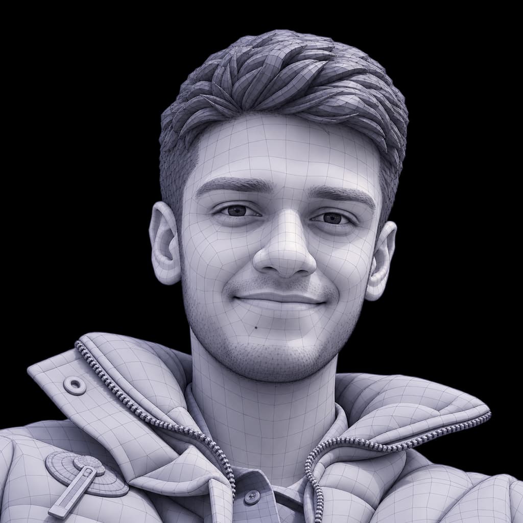 A stylized 3D wireframe portrait of Mohammadamin